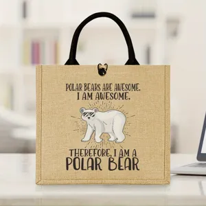 Cute polar bear print jute tote bag for outdoor picnic, shopping and daily use with handles.