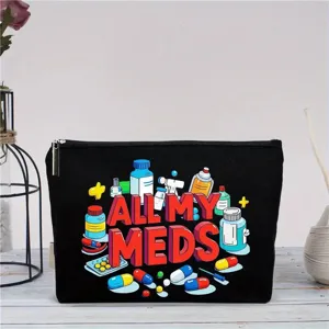 Detailansicht der schwarzen Kosmetiktasche aus Leinen mit farbigem Medizin-Motiv und Reißverschluss.