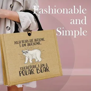 Funny Cartoon Polar Bear Printed Jute Tote Bag Vintage Woven Burlap Handbag With Black Straps Handle Button Utility Reusable Shopping Bag For Outdoor Picnic Travel Women