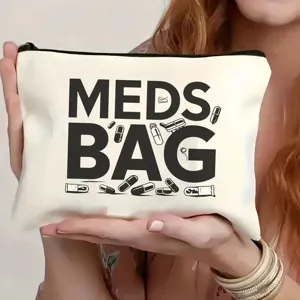Nahaufnahme der weissen Leinen-Reissverschlusstasche mit dem Meds Bag Pillen-Druck.