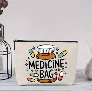Kleine Kosmetiktasche aus Leinen mit Reißverschluss und süßem Tabletten Motiv für die Aufbewahrung.