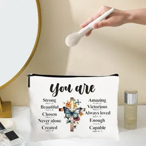 Leinwand Kosmetiktasche mit inspirierendem Bibelvers Druck, ideal fuer Kosmetik und Reisen.