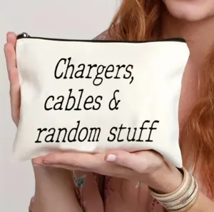 Weißer Canvas Aufbewahrungsbeutel für Kabel und kleine Gegenstände, Kosmetiktasche mit Text.