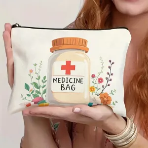 Detailansicht einer weißen Kosmetiktasche aus Canvas mit niedlichem Arzneiflaschen-Druck.