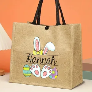 Custom Easter jute tote bag featuring cute bunny ears, paws and colorful eggs design.