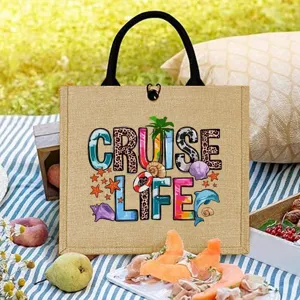 Detailed view of casual jute tote bag with summer cruise life print and sturdy black handles.