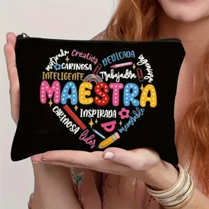 Teacher appreciation cosmetic bag black canvas makeup pouch with colorful teacher letters design