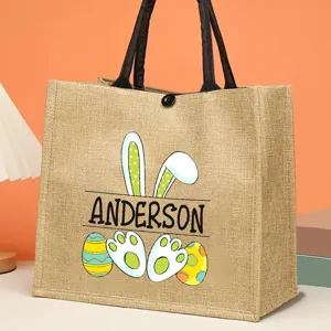 Easter Burlap Tote Bag Linen Jute Handbag With Rabbit Ears Eggs Printed Pattern Retro Festival Gift Bag For Daily Storage