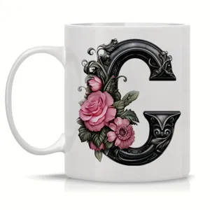 White ceramic coffee mug featuring an elegant vintage ornate letter C with pink roses.