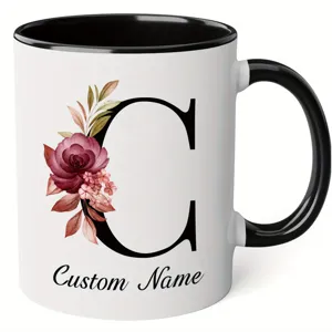 Custom letter C ceramic mug with elegant watercolor floral design for office and daily use.