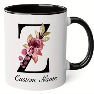 Custom initial letter Z ceramic coffee mug with elegant watercolor floral design for office.
