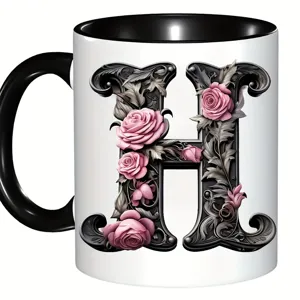 Tasse en céramique avec lettre H ornée et roses roses, idéale pour un usage quotidien.