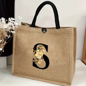 Women Vintage Jute Linen Tote Bag Floral Alphabet Graphic Print Large Capacity Handbag Casual Beach Travel Wedding Gift Bag