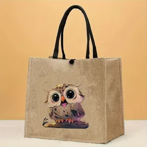 Süsses Eulen-Print Detail auf modischer Jute-Tasche, lässige Handtasche für den Alltag.