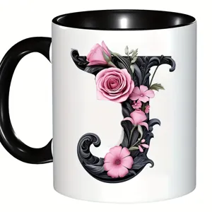 Tasse en céramique créative avec imprimé floral, poignée et intérieur noirs pour cadeau.