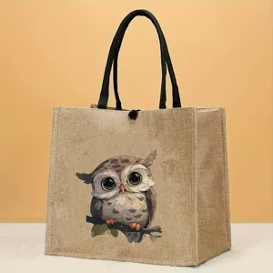 Süße Cartoon Eule Jute-Tragetasche, lässige Handtasche für Damen, Alltag und Reise.