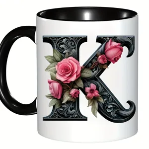 Tasse a cafe en ceramique motif lettre K florale,anse et bord noirs,idee cadeau ideale.