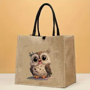 Niedliche Cartoon Eule Jute Tragetasche, lässige Handtasche für tägliches Einkaufen und Reisen.