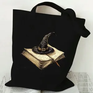 Schwarze Leinentasche mit Hexenhut und Buchdruck, Halloween Freizeittasche Shopper.
