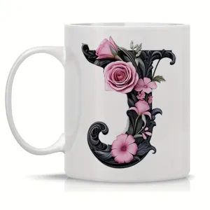 White ceramic coffee mug with floral letter J design, perfect for office and daily use.
