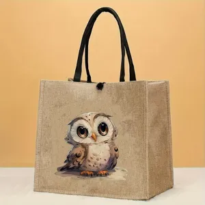 Nahaufnahme Detailansicht der süßen Cartoon Eule Druck Jute Tragetasche, Freizeithandtasche.