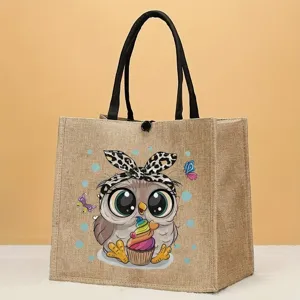 Niedliche Cartoon Eule Jute Tasche, stilvolle lässige Handtasche für Damen und Reisen.