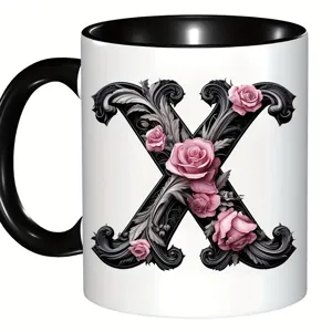 Tasse a cafe en ceramique blanche avec anse noire et elegante rose initiale lettre X motif.