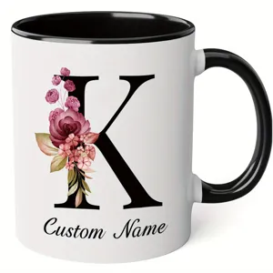 Personalized Floral Letter K Ceramic Coffee Mug with Custom Name Print for Office Home
