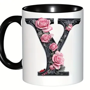 Tasse à café en céramique blanche avec anse noire et motif floral de roses roses Y