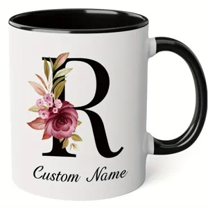 Custom floral letter R ceramic coffee mug with black handle, personalized name gift cup.