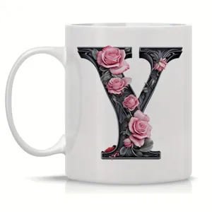 Ceramic coffee mug featuring an elegant floral letter Y design, perfect for office and home.