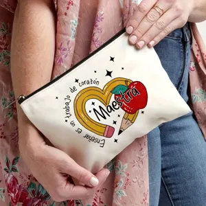Teacher theme cosmetic zipper pouch, white makeup storage bag with pencil apple print.