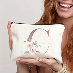 Segeltuch Kosmetiktasche mit Buchstabe C und Blumenmuster, ideal zur Aufbewahrung von Make-up.