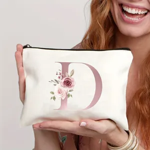 Leinen Kosmetiktasche mit floralem Buchstaben D Druck, tragbare Make-up Tasche für Damen.