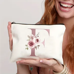 Leinwand Kosmetiktasche mit elegantem Buchstaben F und Blumenmuster für den täglichen Make-up Bedarf.