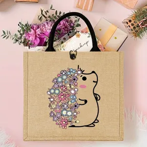 Large capacity burlap tote bag with cute floral hedgehog print, retro casual shopping handbag.