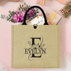 Personalisierte Jute-Tragetasche mit schwarzen Henkeln, individuelle Monogramm Geschenktasche.