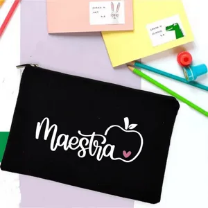 Black canvas pencil case and makeup bag featuring Spanish teacher Maestra text and apple print.