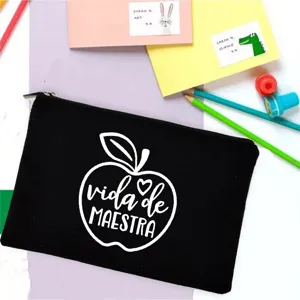 Black canvas pencil pouch cosmetic bag with teacher apple design stationery storage 1pcs