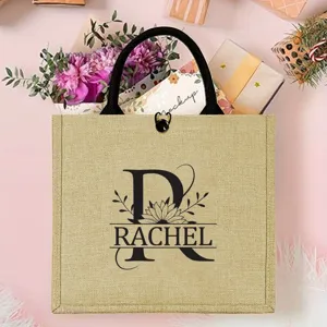 Personalisierte Jute-Tragetasche mit Blumen-Initialen-Design für Strand, Reisen und Geschenke.