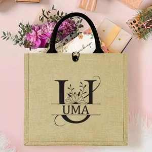 Personalisierte Jute Handtasche mit Buchstaben U und Blumen Design, ideale Strand Tasche.