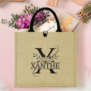 Personalisierte Jute-Tragetasche mit Anfangsbuchstabe X und Blumen, wiederverwendbare Tasche.