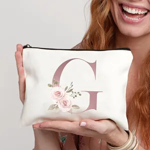 Canvas Kosmetiktasche mit Buchstabe G und rosa Rosen Print, Kosmetiktasche mit Reißverschluss