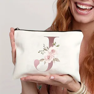 Leinwand Kosmetiktasche mit rosafarbenem Blumen Buchstabe J Design, weisser Make-up Beutel.