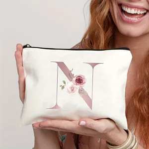 Leinwand Kosmetiktasche mit floralem Buchstaben N Druck, stilvoller Make-up Beutel.