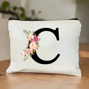 Personalisierte Blumen Buchstabe Kosmetiktasche, Leinwand Reißverschluss Make-up Etui.