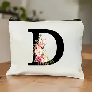 Leinwand Kosmetiktasche mit großem Buchstaben D und Aquarell Blumenmuster für die Aufbewahrung.