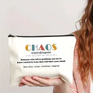 White canvas cosmetic bag with funny text, perfect for travel makeup and lipstick storage.
