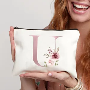Personalisierte Kosmetiktasche aus Leinen mit edlem Buchstaben U und Blumenprint für Make-up.