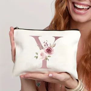 Leinwand Kosmetiktasche mit rosafarbenem Buchstaben Y und Blumenmuster für Make-up.